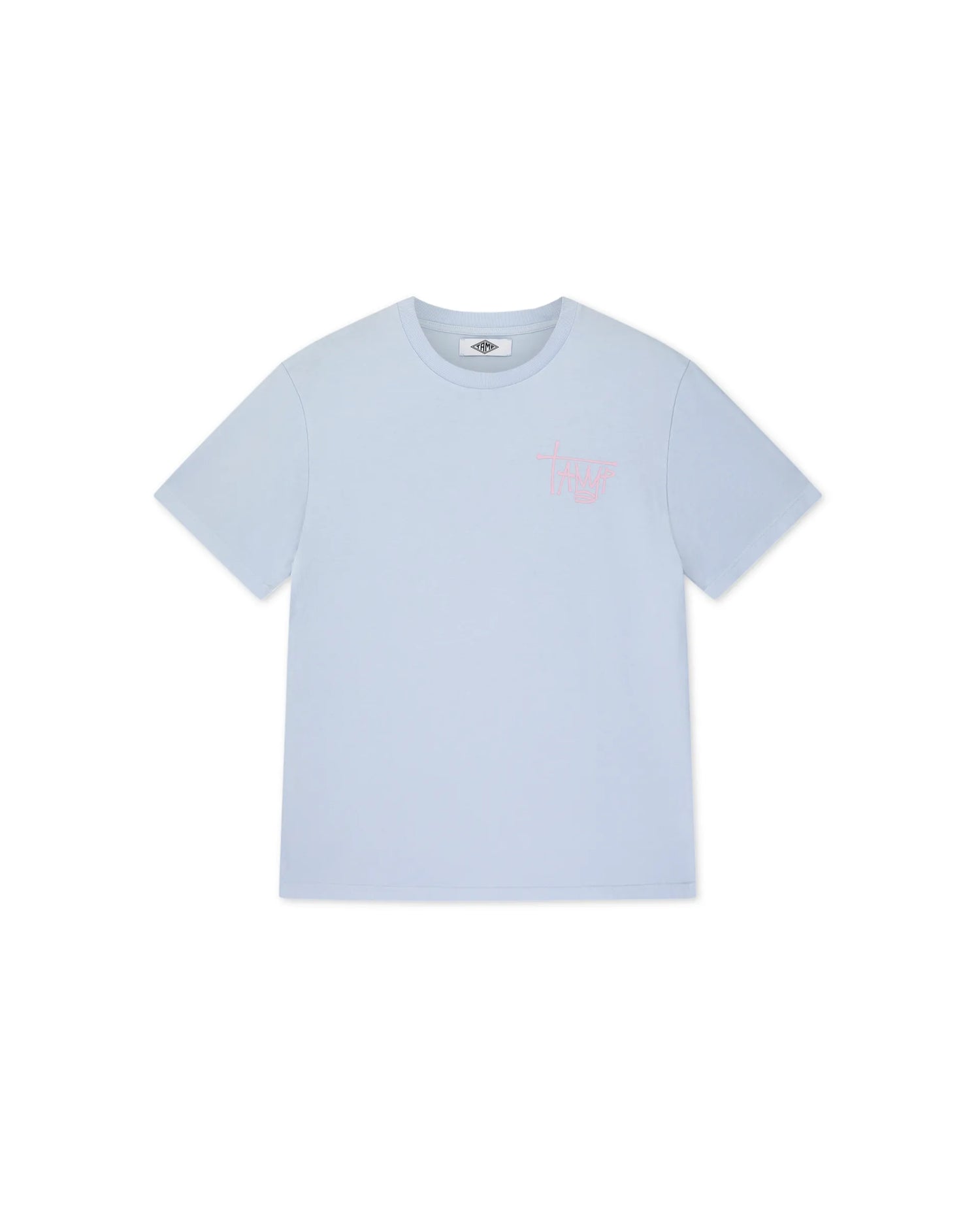 Light blue heavyweight tee with pink Tamp logo on front