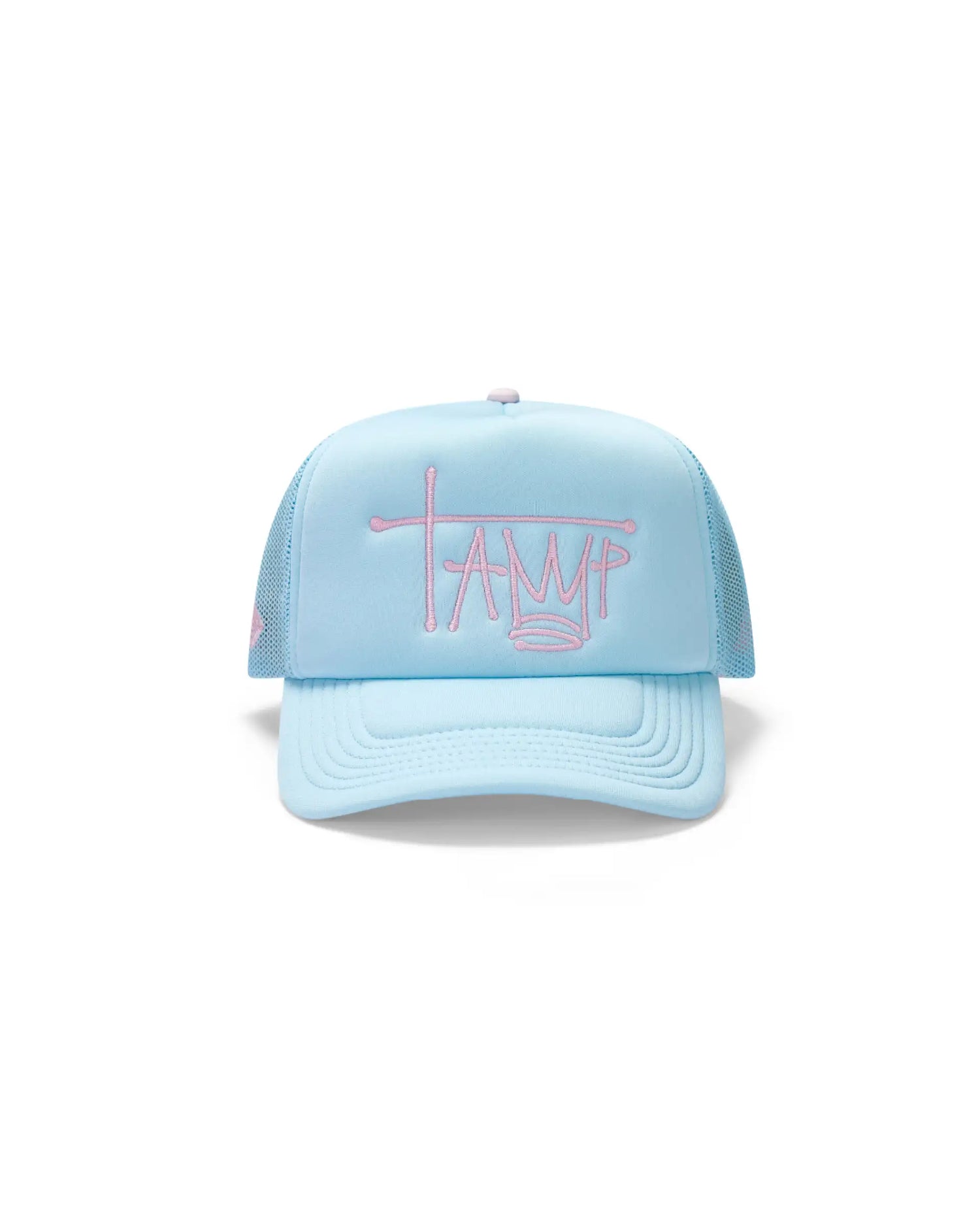 Light blue trucker cap with pink graffiti-style Tamp Coffee logo