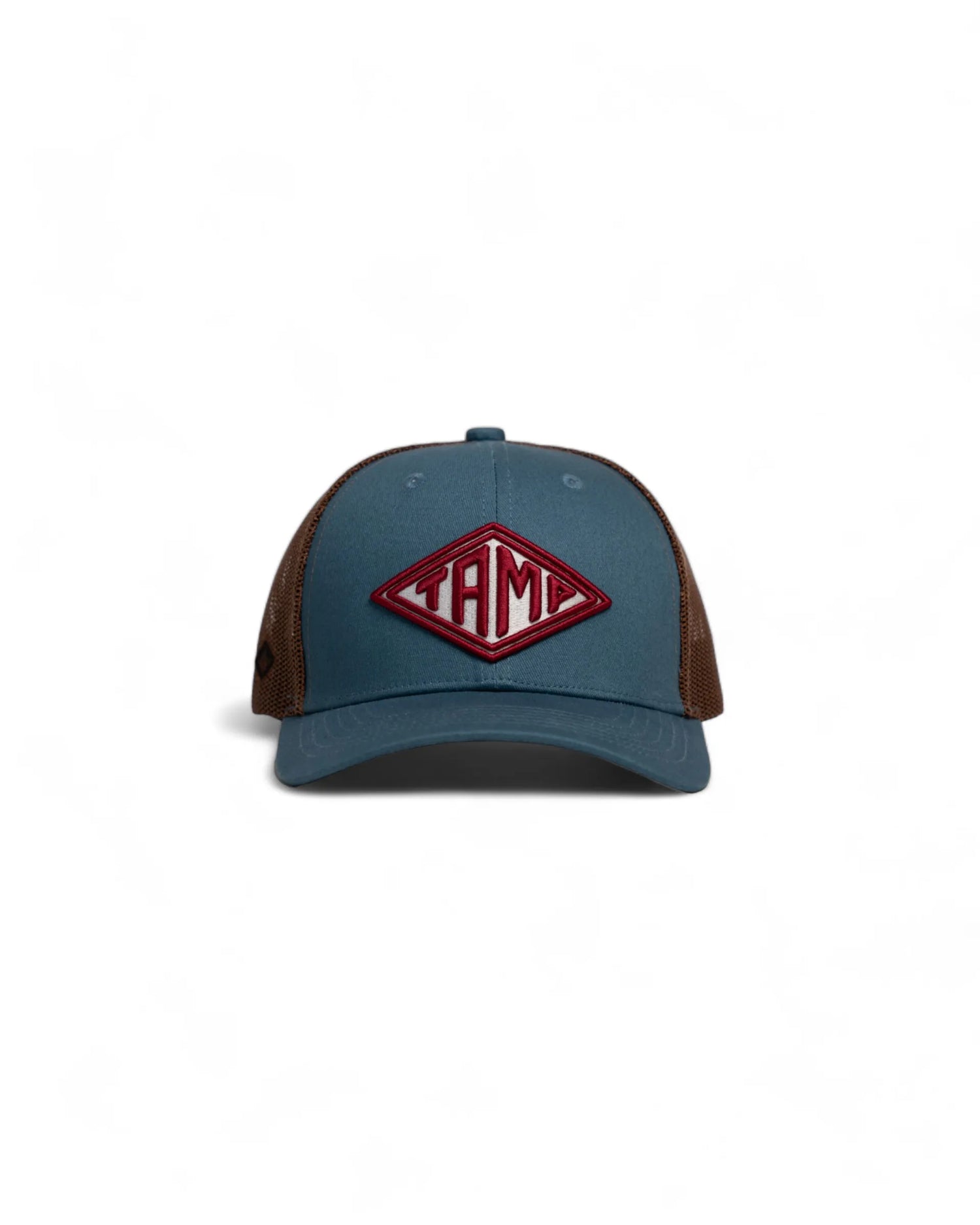 Blue trucker cap with brown mesh and red Tamp Coffee logo