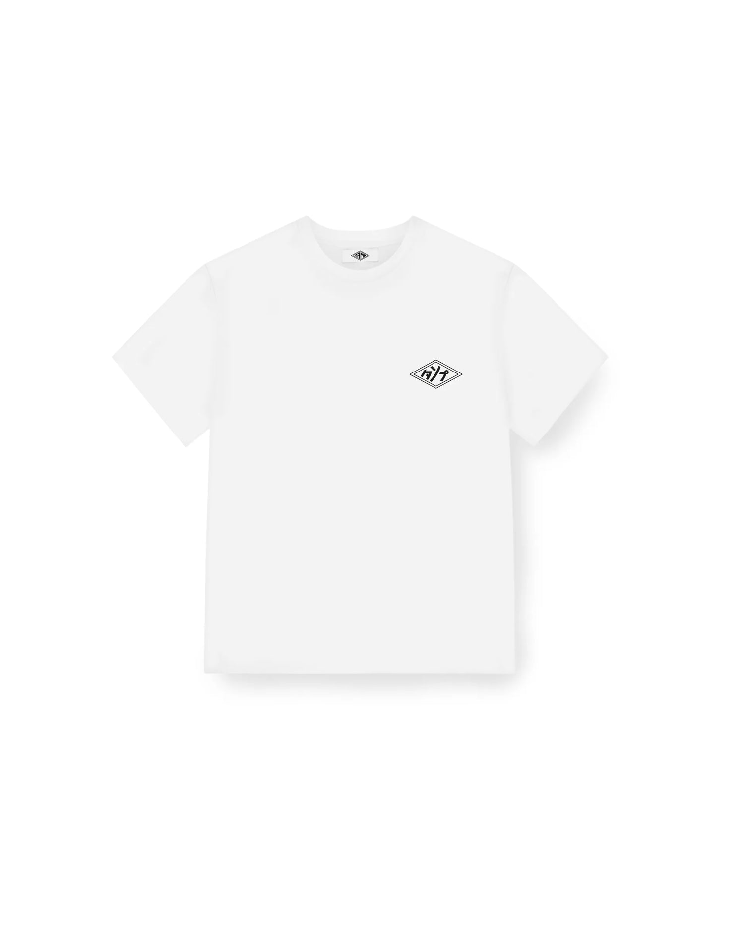 White heavyweight tee with front Japanese Tamp logo